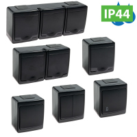 Aufputz-Serie in schwarz: Lichtschalter / Wechselschalter / Taster / Doppelschalter / Steckdose 1-fach, 2-fach oder 3-fach / Feuchtraum, IP44
