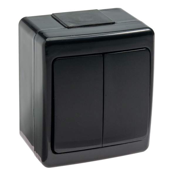 Aufputz-Serie in schwarz: Lichtschalter / Wechselschalter / Taster / Doppelschalter / Steckdose 1-fach, 2-fach oder 3-fach / Feuchtraum, IP44 Doppelschalter