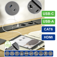 Tischsteckdose / Schreibtischsteckdose / Einbausteckdose / 2-fach / 1x USB A / 1x USB C / 1x HDMI / 1x RJ 45 Ethernet LAN / 1,5m Kabel
