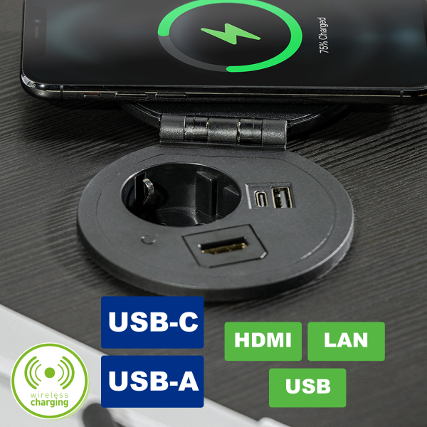 Runde Tischeinbausteckdose mit USB-A, USB-C und Wireless-Charge-Oberfl&auml;che sowie austauschbarem Modul (HDMI, LAN, USB oder beliebig)