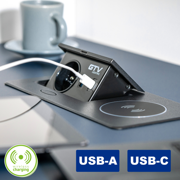 Moderne Tischsteckdose mit USB-A, USB-C und Induktionsladefl&auml;che
