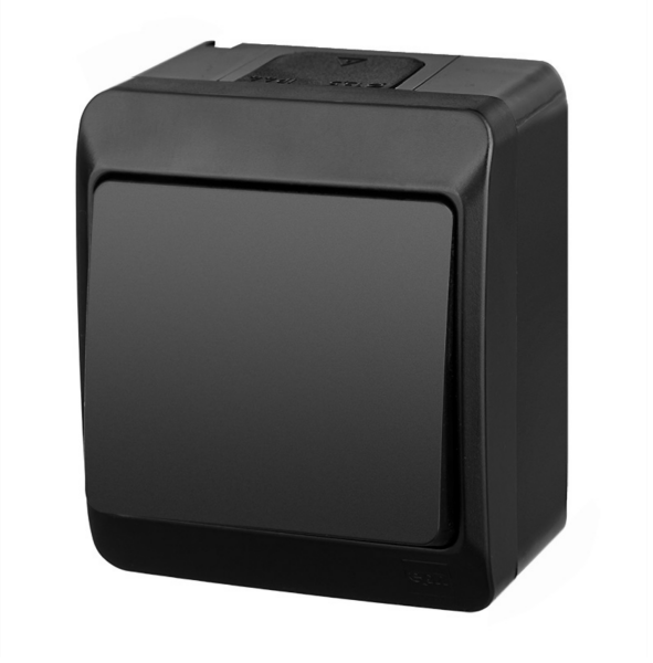 Aufputz-Serie schwarz IP44 (Lichtschalter / Wechselschalter, Doppelschalter, Klingeltaster, 1-fach / 2-fach / 3-fach Steckdose) Einfachschalter