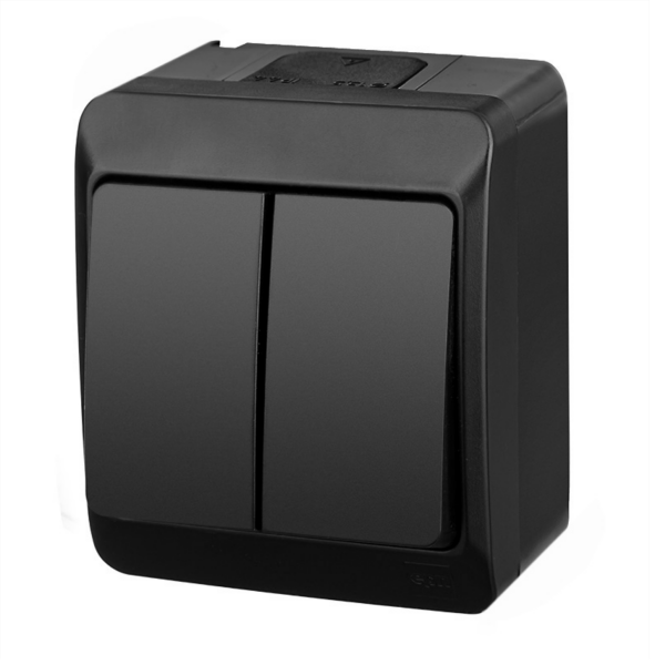 Aufputz-Serie schwarz IP44 (Lichtschalter / Wechselschalter, Doppelschalter, Klingeltaster, 1-fach / 2-fach / 3-fach Steckdose) Doppelschalter