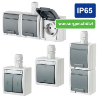 Aufputz-Serie / Steckdose Lichtschalter / Wechselschalter / Taster / Doppelschalter / Feuchtraum / IP65 / wassergesch&uuml;tzt / hellgrau